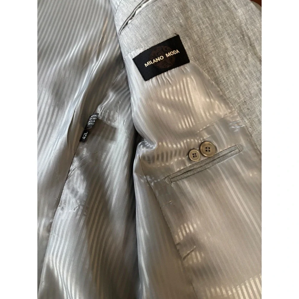 Milano Moda Mens Linen Blazer 42L‎ Grey Two Button Summer Sport Coat Jacket
